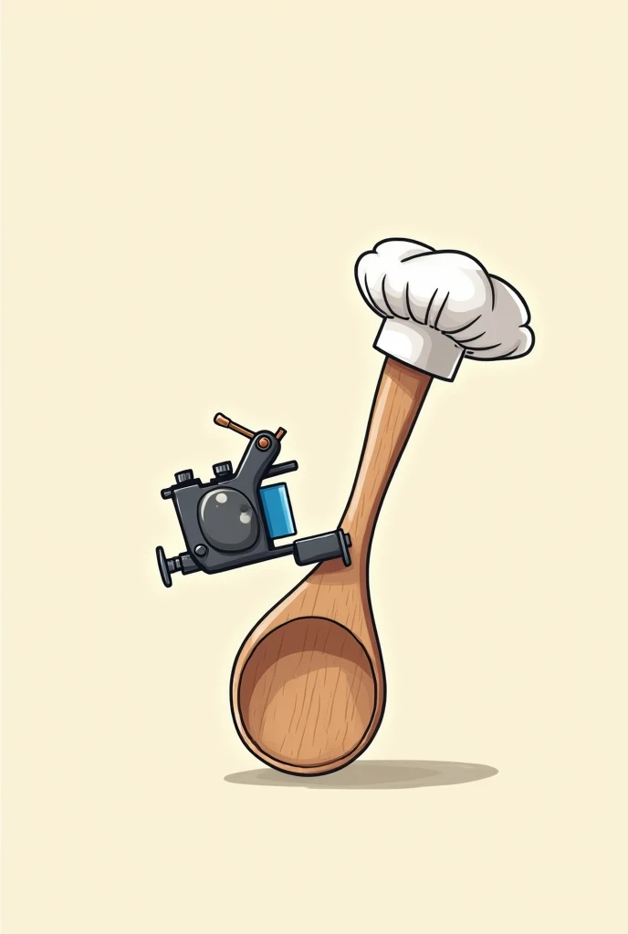 Drawing of a wooden spoon with a chef's hat with a tattoo machine diagonally behind 