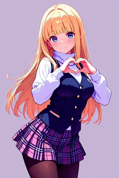 8k,masterpiece, best quality, ultra detailed, high resolution, super fine illustration, 1girl, solo, blue eyes, blonde hair, long hair, blunt bangs, medium breasts, down waistcoat, sweater, turtleneck sweater, plaid skirt, pantyhose,heart hands, looking at...