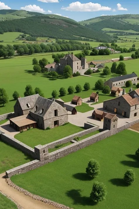 A medieval island castle and sprauling village set in the medieval era that is surrounded by stone walls and dirt trenches. The multi layered squared stone keep can be seen in the background of the bustling village. The village has a blacksmith, a sawmill ...