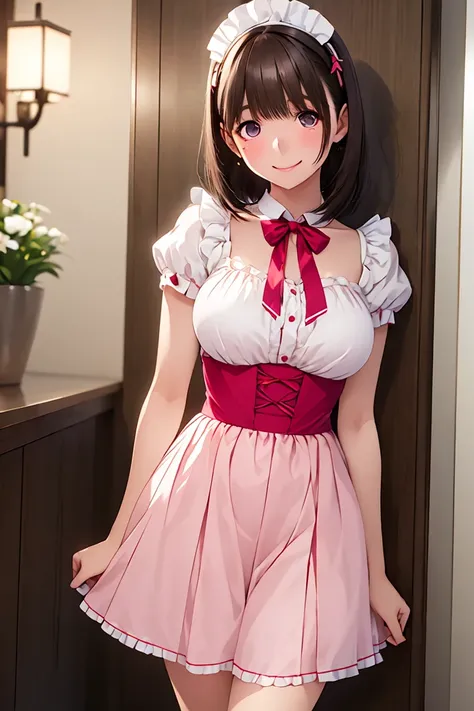 masterpiece,( top quality:1.5), ( high resolution:1.5), 20-year-old woman,Nene Kasaki々,  short hair, detailed eyes , big breasts, with outstanding style ,  pink maid clothes ,  Maid Headdress ,  cowboy shot,  standing, Inside the store,  lift skirt, smile