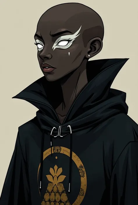  anime style. YOUNG BALD AFRICAN MAN WITH BLACK SKIN WITH A VERY IMPRESSIVE AND TERRIFYING APPEARANCE. HE IS EXTREMELY THIN AND SKINNY AND WEARS A BLACK CAPE WITH AN OWL PATTERN. HE WEARS A DOG MUZZLE AND HAS WHITE FACIAL PAINT