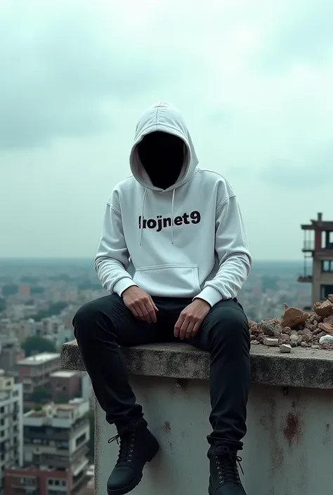  A man wearing a WHITE Hoodie sweater wearing a hacker mask is sitting on top of a destroyed building,

THERE IS A FORENT99 NAME LOGO ON THE WHITE HOODIE SWEATER  