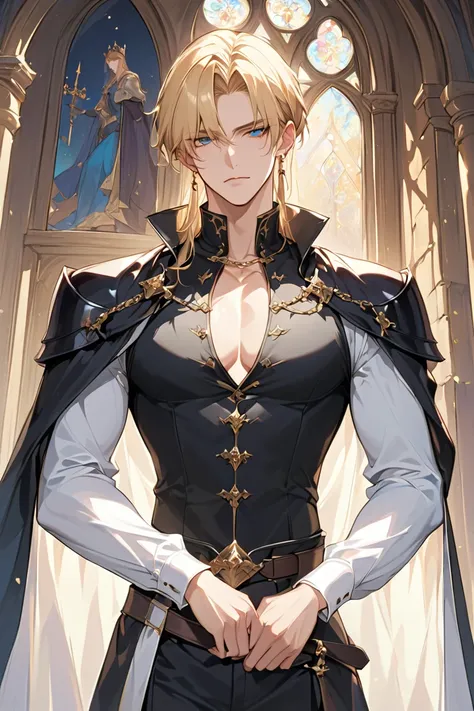 1 macho, adult, blond hair with bangs,  prince,  black clothes, beautiful, Calm,   beautiful, Condescending,  thin body, in a castle,  MEDIEVAL FANTASY 