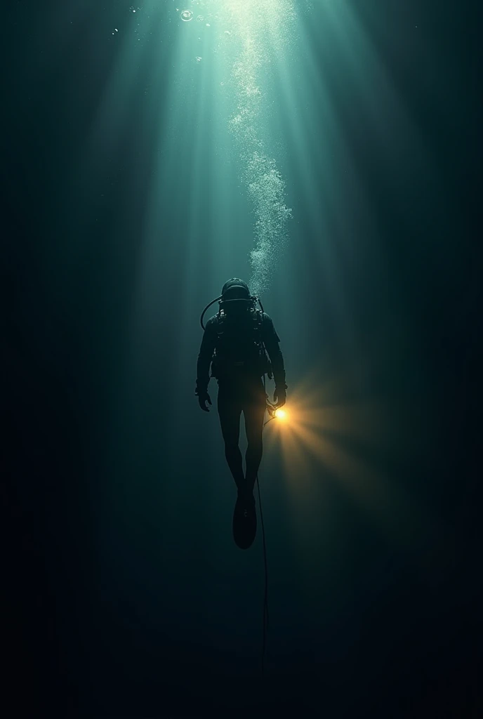 Man swimming descending to the bottom of the sea, in a dark place with a flashlight the battery directed downwards 