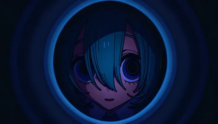 1girl , Hatsune Miku, hmmonitoring, peephole pose, peephole , alone , (freckle:1.05), is watching the audience, open mouth, Bangs, shirt, hair between eyes , white shirt, tie, collared shirt, formal , close up, Chromatic Aberration, [Dark, [Dark background...