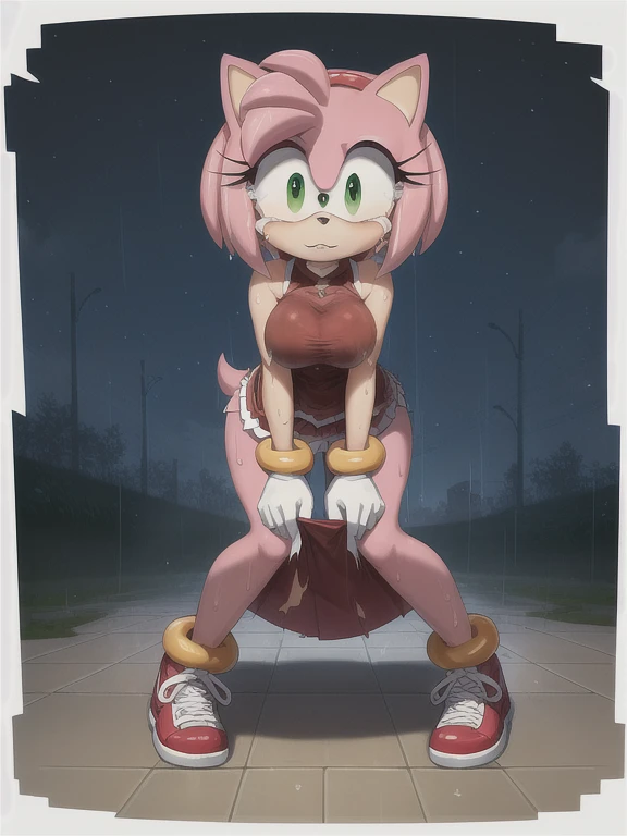 (masterpiece, best quality:1.1), (amy rose:1.1), 1girl, solo, dress, pink skin, looking at viewer,, detailed eyes, outdoors, skirt

holes in clothes, , bare shoulders, night sky, city masterpiece, high quality, sad, masterpiece, torn clothes, large hips, c...