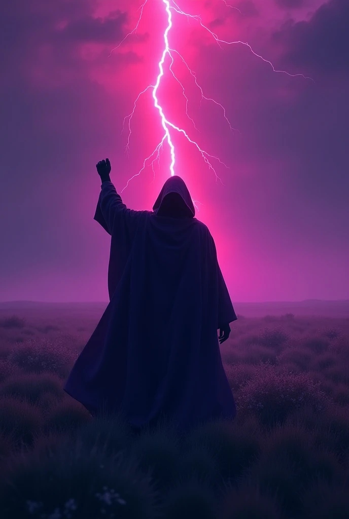 Hooded and robbed in purple sihlouette in purple robes in a grassy plane nigh sky with a fist up in the air and a red lightning in the center on the sky