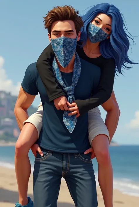 young adult male GTA character with brown hair wearing dark blue t-shirt and jeans wearing blue paisley bandana tie mask and a young adult women with blue wavy hair wearing cropped black jumper and white skirt wearing blue paisley bandana tie mask giving a...