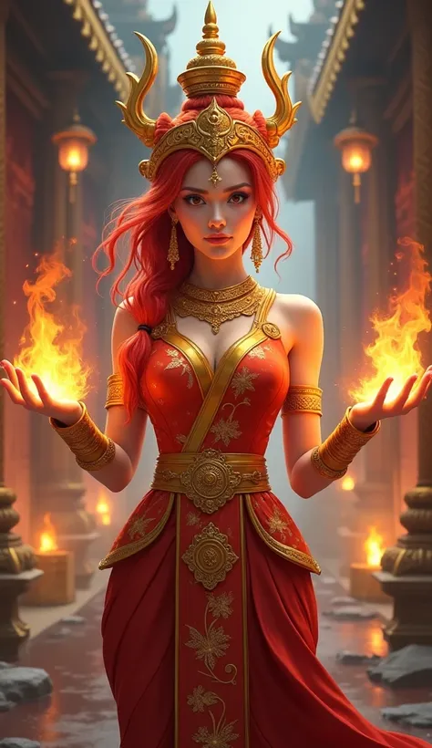 A stunning female mage with fiery red hair, inspired by the Dota 2 hero Lina, reimagined with a Thai cultural theme. She wears a beautifully detailed golden and red Thai warrior outfit, adorned with intricate silk patterns and traditional ornaments. Her go...