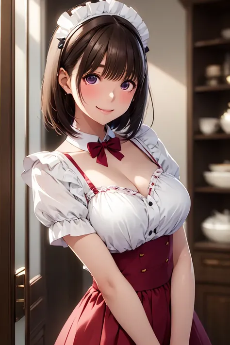 masterpiece,( top quality:1.5), ( high resolution:1.5), 20-year-old woman,Nene Kasaki々,  short hair, detailed eyes , big breasts, with outstanding style ,  pink maid clothes ,  Maid Headdress ,  cowboy shot,  standing, Inside the store,  lift skirt, smile