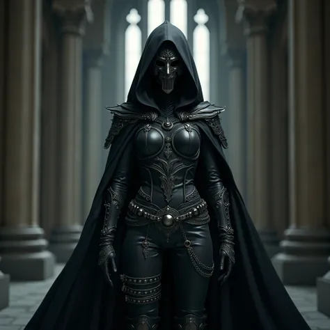 Mysterious female warrior wearing a black hooded cloak ,  wearing a black hooded cloak ,  wearing an iron mask on her face , and a dark, Leather clothes that fit the body .  decorated with intricate metalwork I'm wearing gloves.  wearing a waist belt with ...