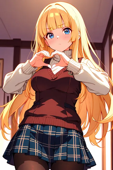 8k,masterpiece, best quality, ultra detailed, high resolution, super fine illustration, 1girl, solo, blue eyes, blonde hair, long hair, blunt bangs, medium breasts, down waistcoat, sweater, turtleneck sweater, plaid skirt, pantyhose,heart hands, looking at...