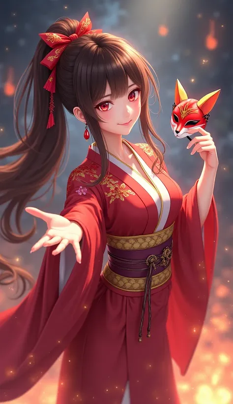 Beautiful anime girl, long brown hair tied with red ribbons, wearing a red and gold kimono-style outfit, seductive smile, holding a fox mask in one hand while extending the other towards the viewer, mystical night atmosphere, glowing fire around, delicate ...