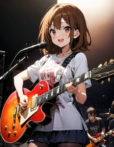  score_9,  score_8_ up the side,  score_7_ up the side,  source_Anime,
Yui Hirasawa, Yui Hirasawa,  brown eyes,  Hair,   hair ornament,  hair clip,   medium hair ,smile, open their mouths, black pantyhose,Playing with a black oversized , t-shirt mini pleat...