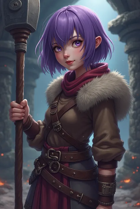  make a girl with short purple hair and a hammer in her hand , wearing Viking style clothing  , With anime style  ,  basic clothes and being in a dungeon environment , being a more robust girl  , With monsters in the background 