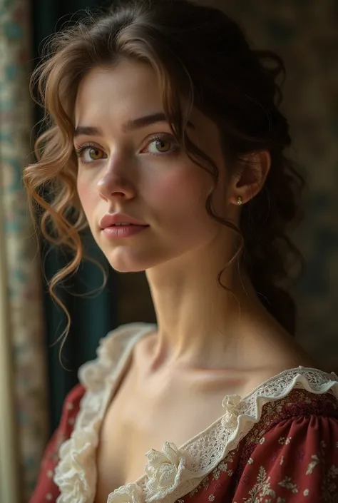  Create a 17-year-old woman , Spanish beauty, she is beautiful.  She has light brown, wavy hair and light brown eyes. She's a princess, but not so luxurious..  lives in the Victorian era  