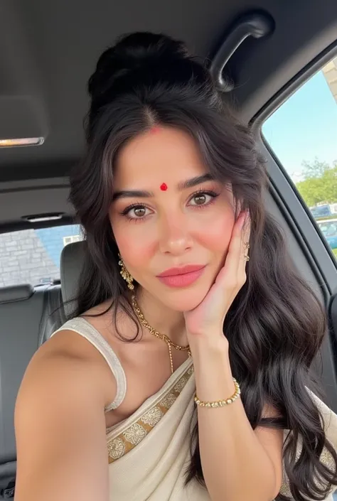 Big breast chubby Indian wife in saree taking selfie in bindi inside car