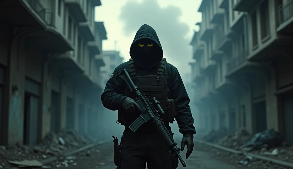 "An intense, cinematic depiction of a masked terrorist in a dimly lit urban setting. The figure is dressed in dark tactical gear, holding a weapon, with a tense and mysterious atmosphere. Shadows and dramatic lighting emphasize the danger and secrecy surro...