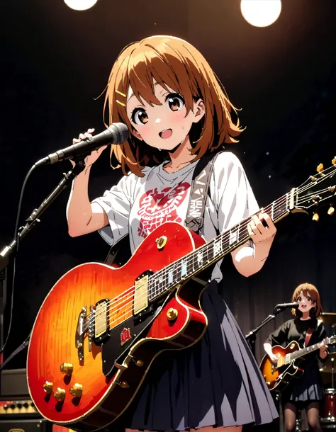Yui Hirasawa, Yui Hirasawa,  brown eyes,  Hair,  Alone, hair ornament,  hair clip,   medium hair ,smile, open their mouths, black pantyhose,Playing with a black oversized , t-shirt mini pleated skirt , guitar(Gibson) , Instrument playing,  Stage Performanc...