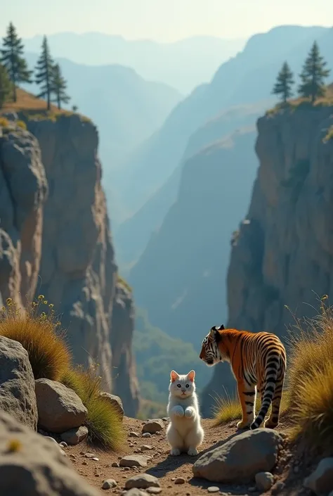    The baby tiger and the white baby cat came in front of a large ravine on a mountain   full HD 4K quality photo export generator, really type photo realistic image achcha quality image real type photos n The photo seems a little real

