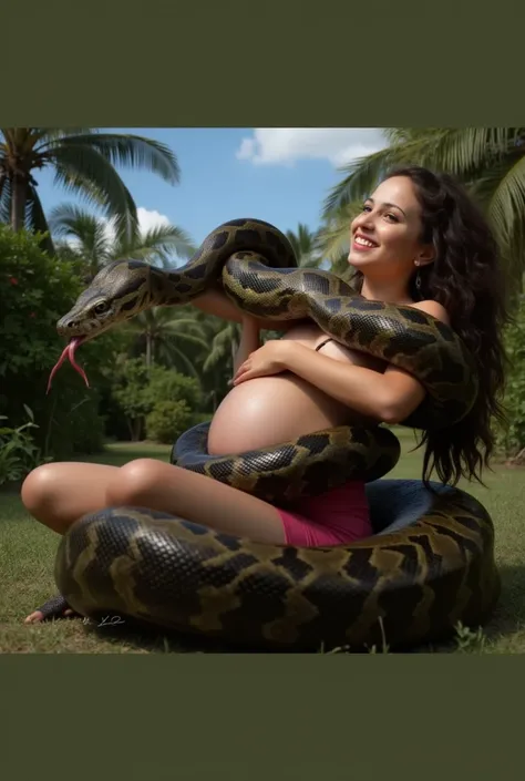 Pregnant smiling Happy Horny, aroused 1girl), beautiful little very  young  Indian  girl wearing  pink loin cloth with giant colossal  green kaa  monster squeezing her hard, wrapped in thick spiraling coils, constricted, struggle, gasping for air, snake at...