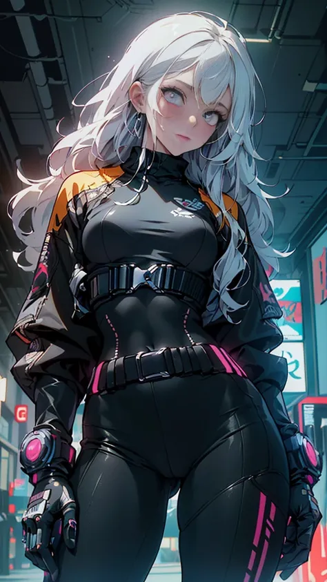 ((Best quality, Best resolution, award winning portrait, offcial art)), ((Perfect masterpiece)), ((actual)) and super detailed photography of 1nerdy cyberpunk girls with gothic and post-apocalyptic overtones. She's having ((long  white hair)), dressed in （...