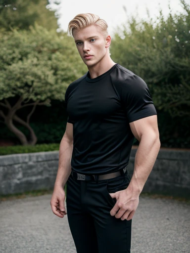 high res image, masterpiece, Over all Detail, handsome man, short blonde hair, mullet haircut, blue eyes, slim, athletic body, japanese male fashion, (black shirt:1.2), black pants, black shoes, outdoors, soft light.