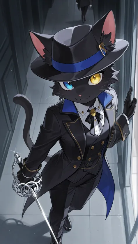 masterpiece,  top quality,  Amazing Quality ,   Very Aesthetic ,  high resolution,  Super Detail,   is ridiculous,   from above、Black fur、1 black cat woman,  rainbow heterochromia(Blue eyes and yellow eyes)、 like fur,Jet-black fur 、 black silk hat、 black t...