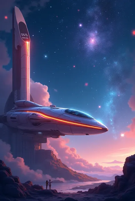 Scene Description: The vast, shimmering Galaxy of Life is filled with twinkling stars and glowing cosmic elements. The spaceship, The Big Bang Express, is preparing to launch from a sleek, futuristic space station. The spaceship has a rounded, smooth desig...