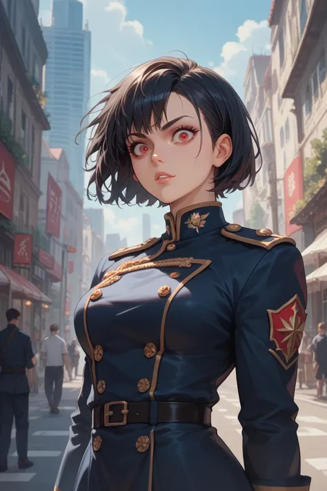  musculoskeletal々　Wild　cool　Duke　Short Hair　 black hair　Red Eyes　 sharp eyed　In the city　Knight uniform