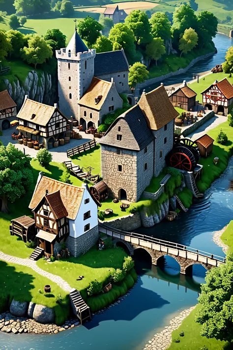 A medieval island castle and sprauling village set in the medieval era that is surrounded by stone tall walls. The stone keep can be seen in the background of the bustling village. The village has a blacksmith, a sawmill with a waterwheel fed by a stream, ...