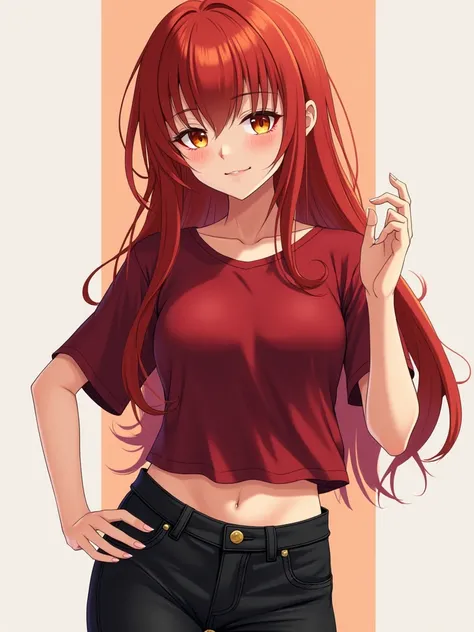 A girl (appearance:  long red hair , orange eyes , two lip piercings,  a piercing under the left eye) ( Clothing: Short sleeve crimson blouse, Missing black jeans , boots)  4K anime-style digital art,  Precise,  Very detailed , High details, alta resolució...