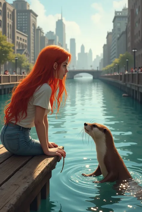  with long red hair, You are admiring a very cute otter in front of you on the pier of a river that crosses the city