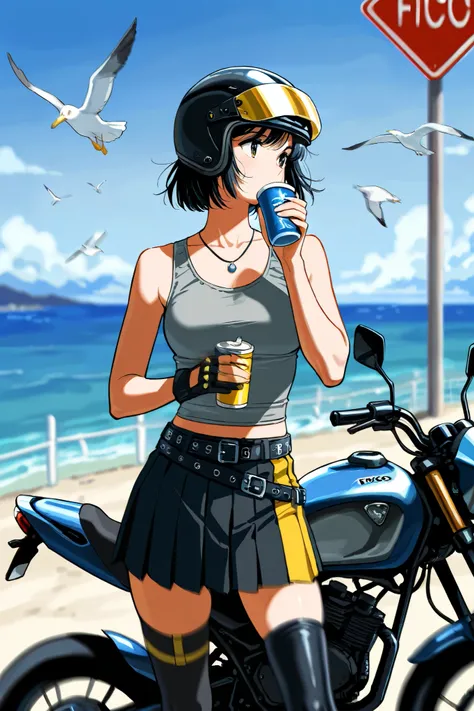 (artist :Suzan Pitt:1.1),(artist :Stewart Cowley:0.8),(artist :Steven Outram:1.1) 
youlizi-yuri,original,highres,
Motorcycle Helmets,Premium motorcycles designed in a wild style,Yellow and black color，
1girl，gray_tank_top, short hair,Black Hair,belt,Multip...