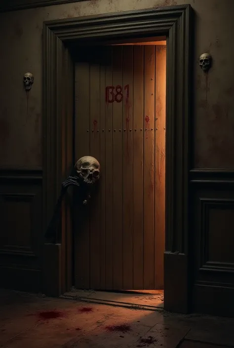 a brown door,  In a dark room , Where a small gap of light entered through the door between open and a thin black arm, had sharp fingernails and held a skull,  scratches on the door had a number :  1381 and on the side of the door had skulls with blood 