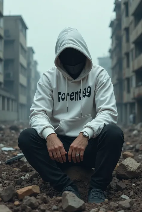 A man wearing a WHITE Hoodie sweater AND A HACKER MASK was sitting casually on top of the destroyed building,

THERE IS A FORENT99 NAME LOGO ON THE WHITE HOODIE SWEATER  