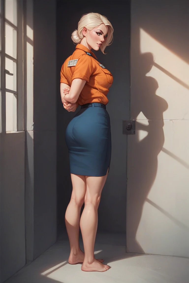 A female prisoner barefoot in prison，Female Criminals Exclusive Prisoner Costume， skirt， hands are handcuffed behind their backs，