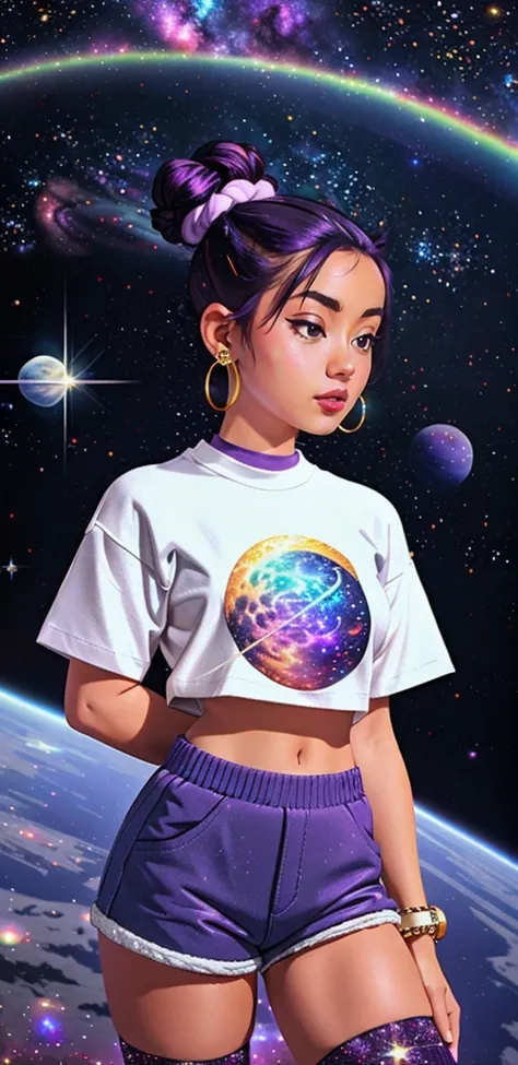 Home outfit, comfortable outfit, cute sweater, space designed, graphic 90s t-shirt, shorts, knee high socks, space outfit, space comfortable outfit, space buns with scrunchies, dark purple galaxy hair, a woman at home on her phone wearing a comfortable out...