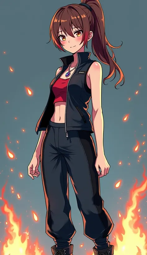 Anime tomboy brown ponytail hair right eye covered by red, orange, and yellow highlights in her hair green left eye blue fire charm necklace with ruby black high-collared, sleeveless zipped down jumpsuit with black side paneling blue fire decor red tube to...