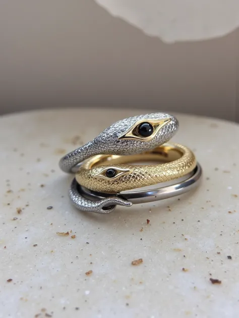  This couple's wedding ring is inspired by the snake element ， has a unique design ，It's beautiful。
Men's wedding ring ， The ring is a strong and powerful mechanical snake ， The metal material creates a cool luster ， The snake body is covered with a precis...