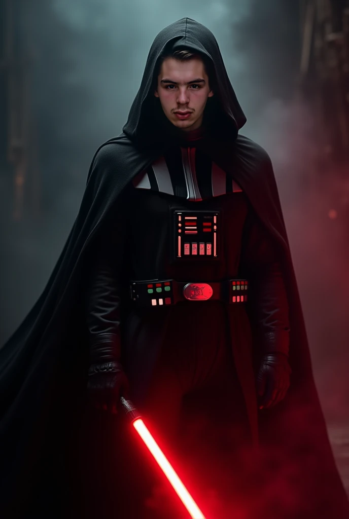  A young male emerges from absolute darkness ,  his figure shrouded in dense and mysterious shadows . Inspired by Darth Vader ,  he wears a black cloak that flows like smoke , and his face,  illuminated by the red glow of a lightsaber , is clearly revealed...