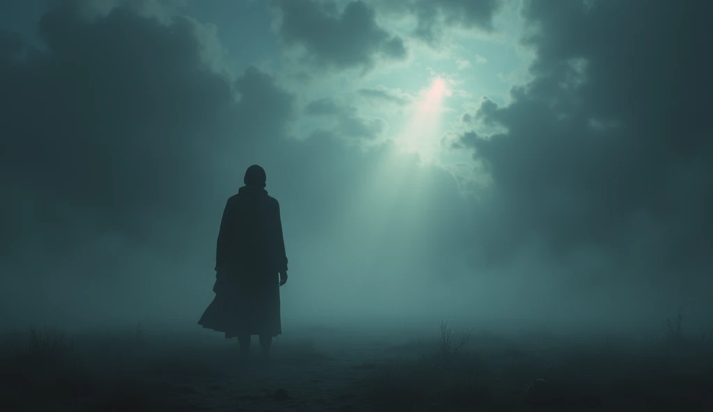 A shadowy figure walking away into the mist, symbolizing the unknown future. The sky is filled with dark clouds, yet a single beam of light shines through, hinting at hope. The scene is quiet, filled with an eerie calmness, and the atmosphere suggests that...