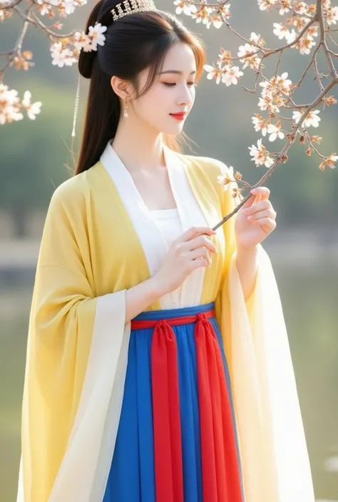 The image depicts a young woman dressed in traditional Hanfu attire. She is wearing a flowing yellow robe layered with white, along with a vibrant red and blue skirt. Her hair is styled elegantly with a decorative hairpin, complementing the serene and natu...