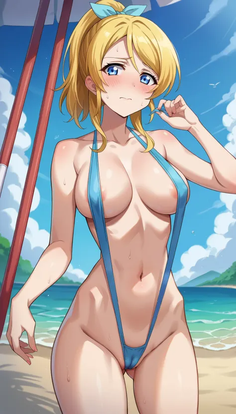 score_9, score_8_up, score_7_up, source_anime,
eliayase, eli ayase, yellow hair, blue eyes, ponytail, hair ribbon,
(blue slingshot swimsuit), (cleavage), (large_breasted), (areola slip), (hide nipple), bare_shoulders,barelegs, barewaist, barebottom:1.5, ca...