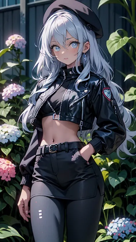 A drawing of a dark-skinned woman with blue eyes with a small tattoo of a blue hydrangea on her cheek and with blue goddess braids and loose black curls and a beret on her head.. She wears a black crop top with a leather jacket with a hydrangea with colorf...