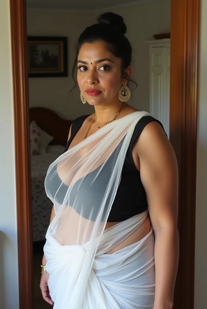 Realistic photo of Voluptuous fat obese Indian, mommy figure early 40 Wearing Thin Transparent white Saree with Transparent black sleeveless Blouse, large U Cut deep neck, deep Cleavage Exposed ,, looking at the Camera, standing in a door frame of a bedroo...