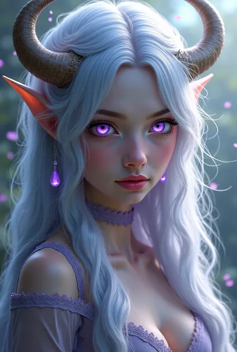 Create a character with long silver hair and purple eyes 