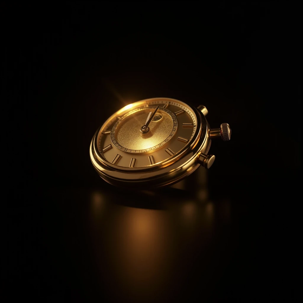 professional photography stopwatch made of gold. spectacular lighting with central illumination of the object, dark vignette along the contour of the object, the object's arals are clearly visible and well lit, ultra-sharp details, 8k resolution, the pictu...