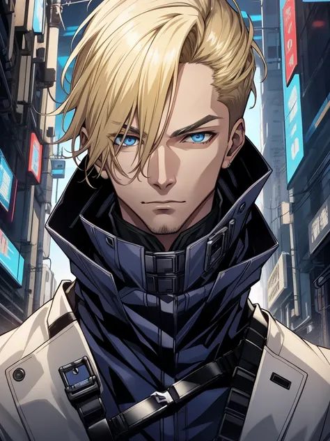 Age 30、((( one male)))、 blonde、Short Hair、amount、Long face、 blue eyes、White、Beautiful、 、 Evil Aura 、criminal、luxury business suit、 face up、 cyberpunk、Cyberware