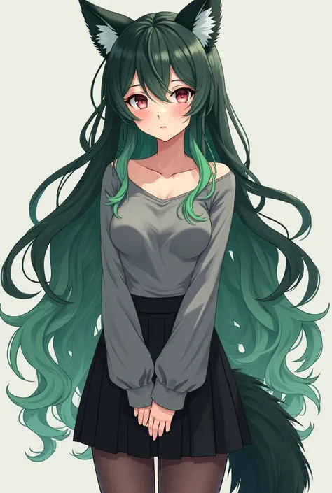  anime style.  sexy girl , with wavy hair up to the waist in green and black. She is 20 years old. She is 200 cm tall, weight 95 kg . She is wearing a grey loose-fitting long-sleeved top, black skirt,  stockings. She has 3 breast size and ass. It has a flu...